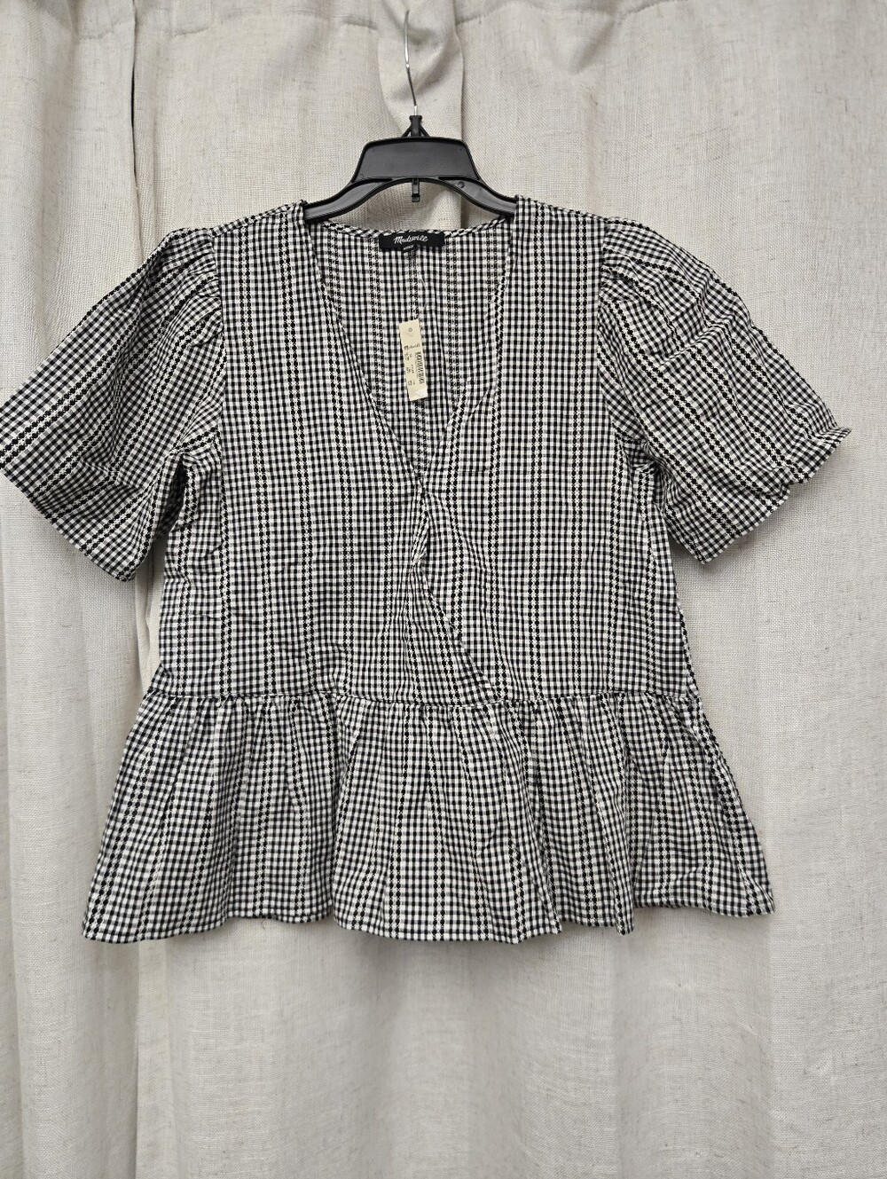NWT Madewell Gingham Crossover Peplum Top XS Puff Sleeve Cottagecore